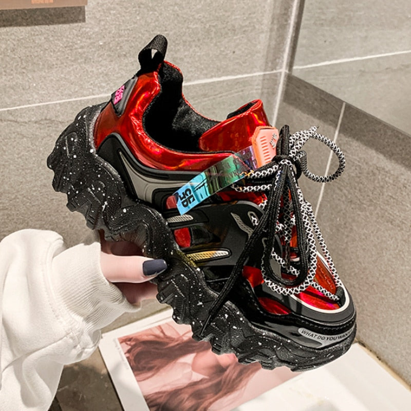 Holographic Chrome Chunky Platform Trainers