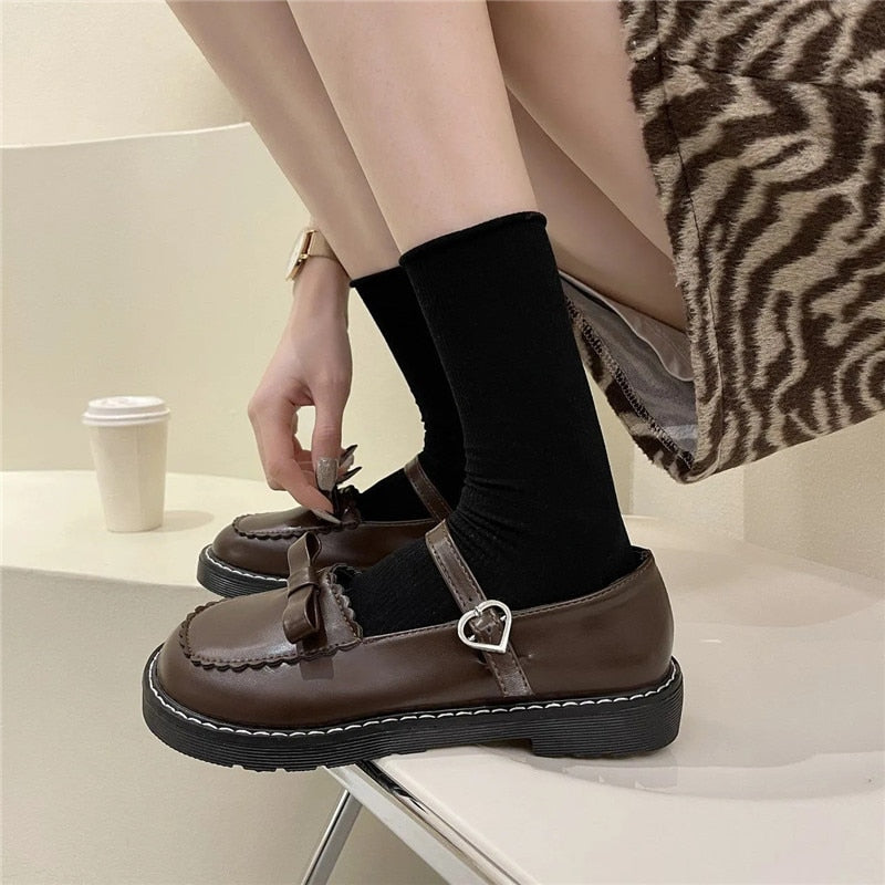 Cute Bow Detail Heart Buckle Platform Mary Janes