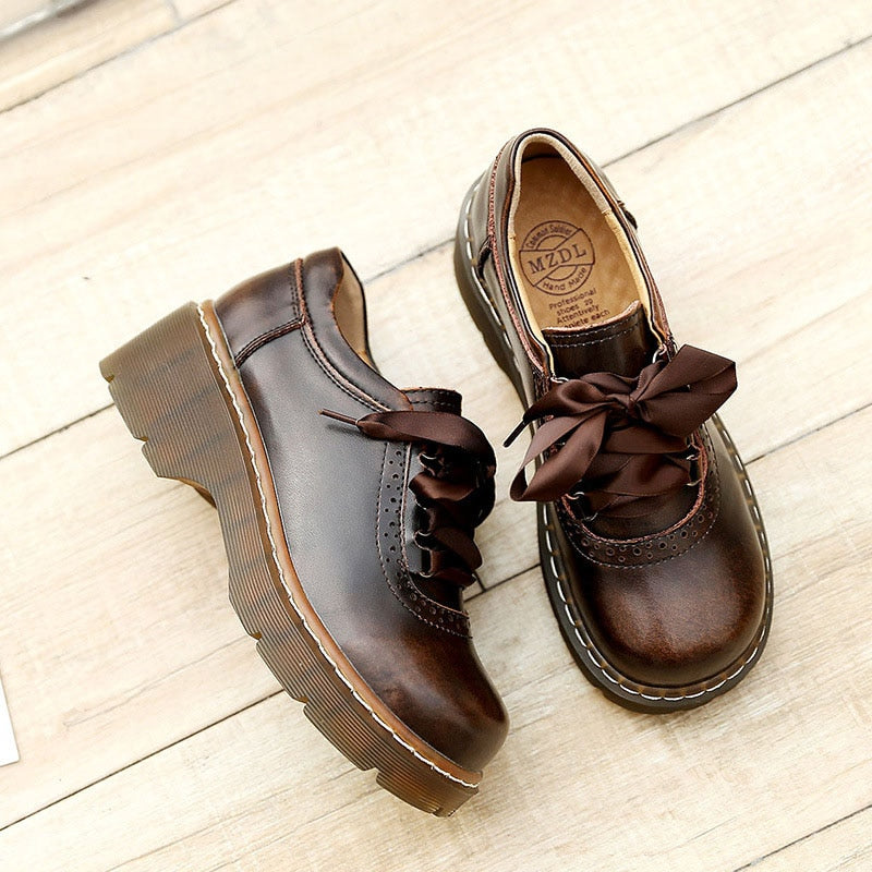 Chunky Vintage Style Ribbon Lace Up Platform Oxfords