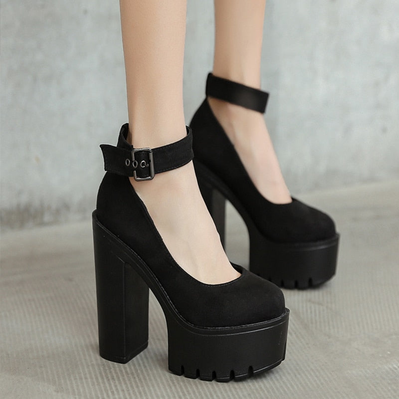 Chunky Platform Ankle Strap Block Heel Pumps