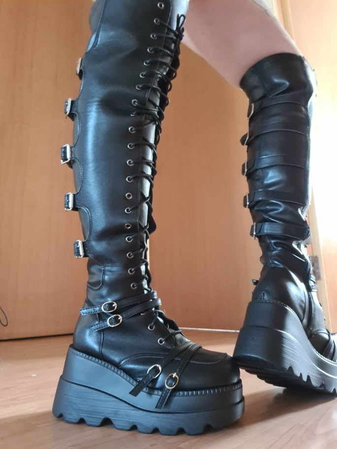 Knee High Lace Up Buckle Detail Leather Platform Boots