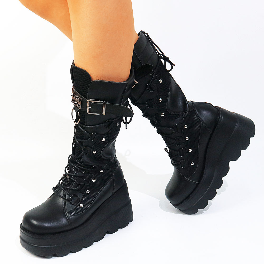 Chunky Lace Up Buckle Detail Platform Boots With Mesh Panels