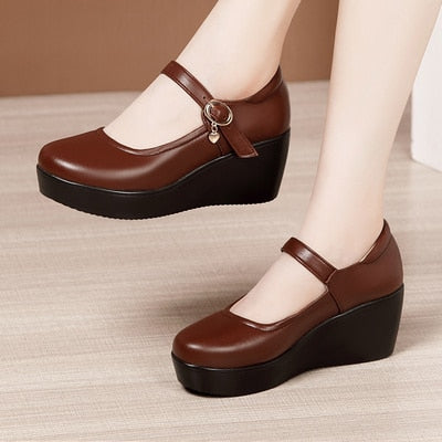 Retro Charm Buckle Platform Heel Wedges