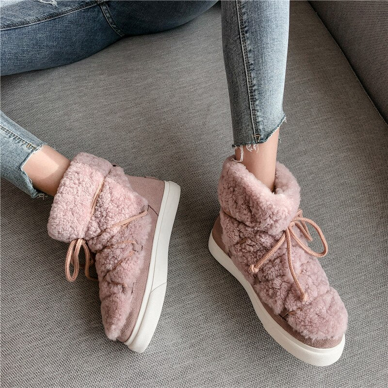 Platform Lace Detail Wool Ankle Winter Boots