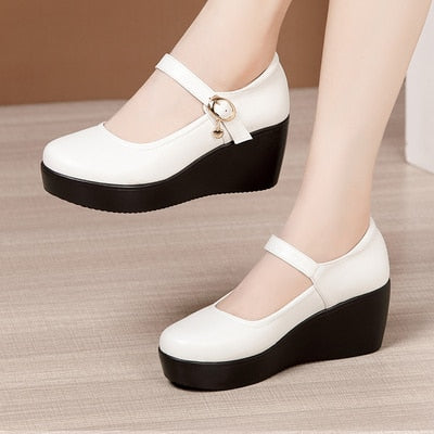Retro Charm Buckle Platform Heel Wedges