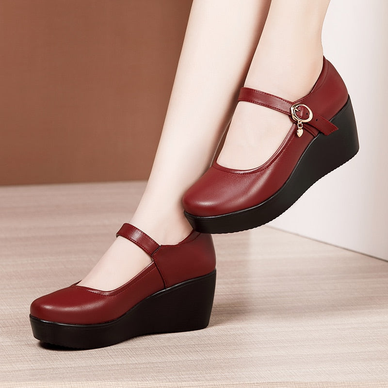 Retro Charm Buckle Platform Heel Wedges