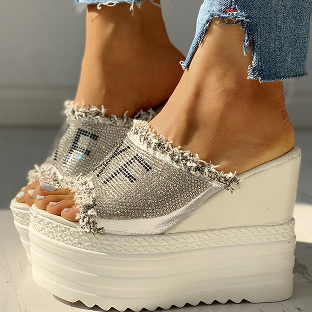 Chunky Platform Frayed Diamante Detail Wedge Sandals