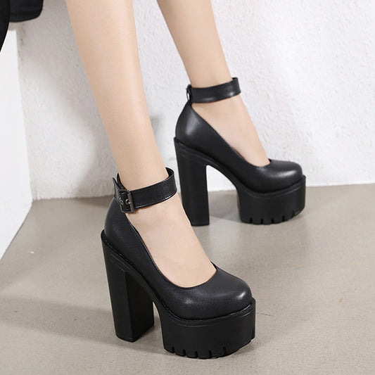 Chunky Platform Ankle Strap Block Heel Pumps