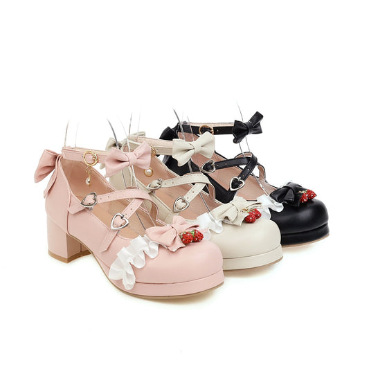 Kawaii Strawberry Frill Buckled Platform Pumps