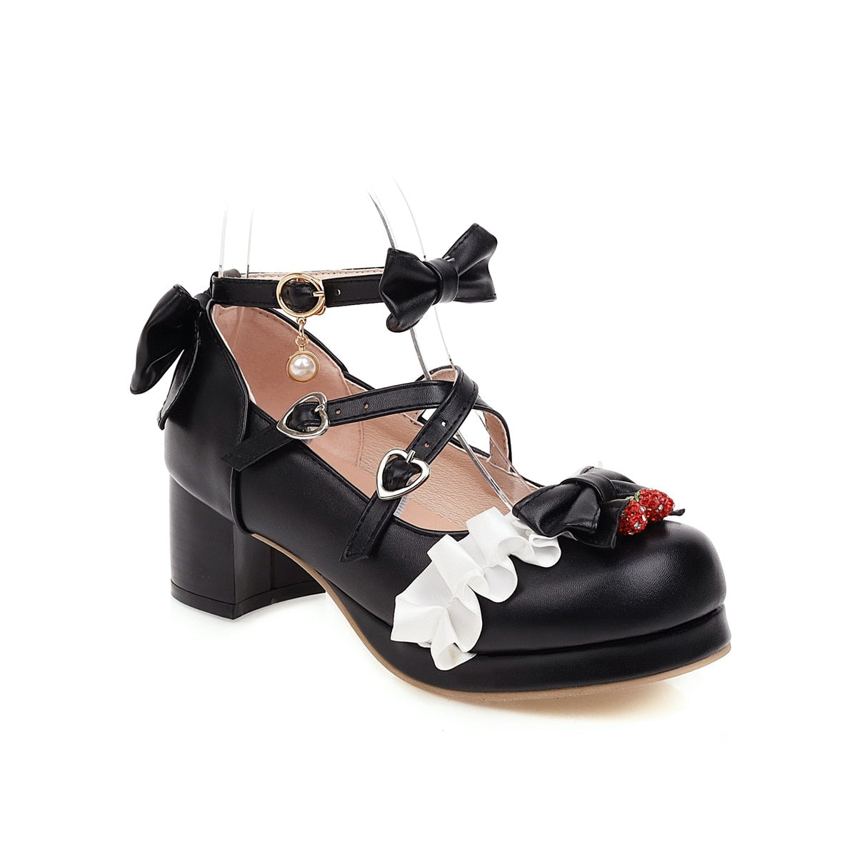 Kawaii Strawberry Frill Buckled Platform Pumps