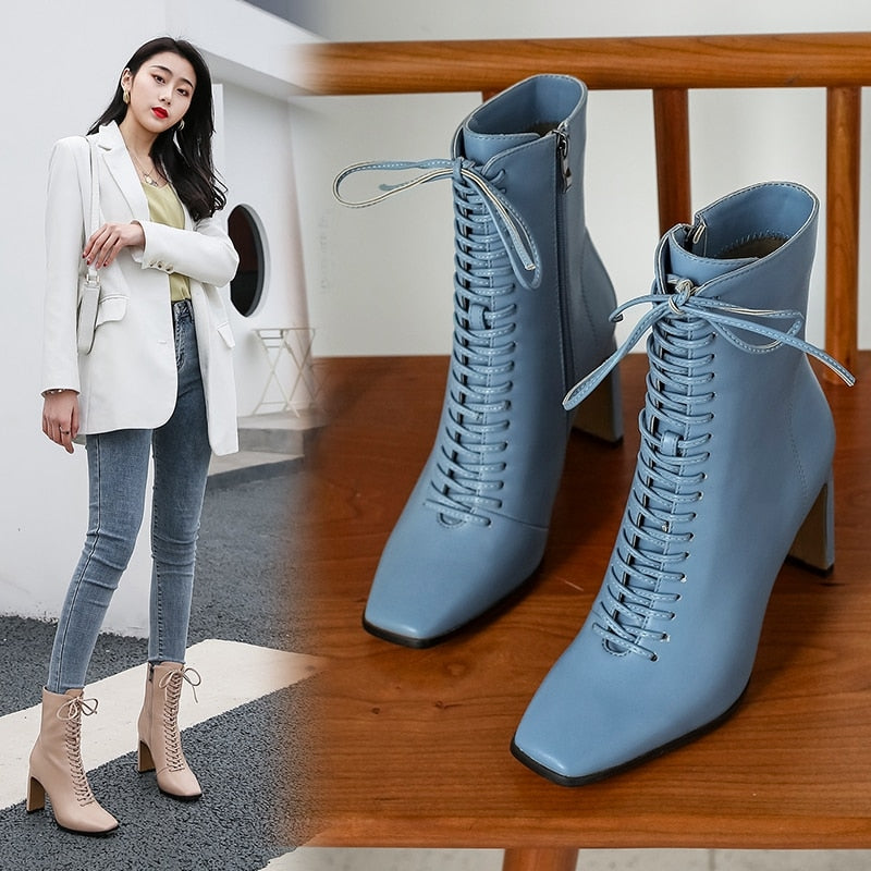 Vintage Style Square Toe Lace Up Ankle Boots