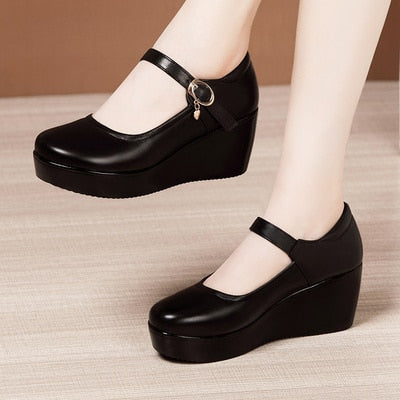 Retro Charm Buckle Platform Heel Wedges