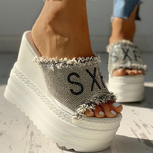 Chunky Platform Frayed Diamante Detail Wedge Sandals