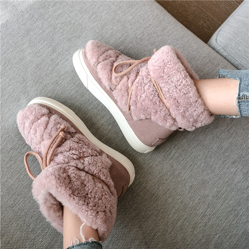 Platform Lace Detail Wool Ankle Winter Boots