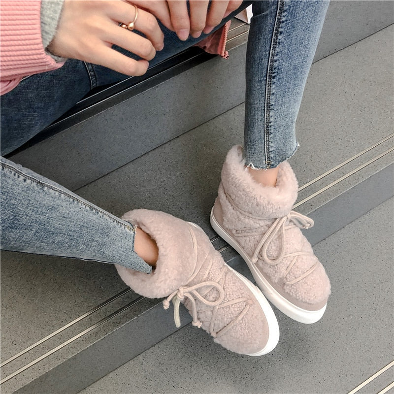 Platform Lace Detail Wool Ankle Winter Boots