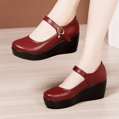 Retro Charm Buckle Platform Heel Wedges