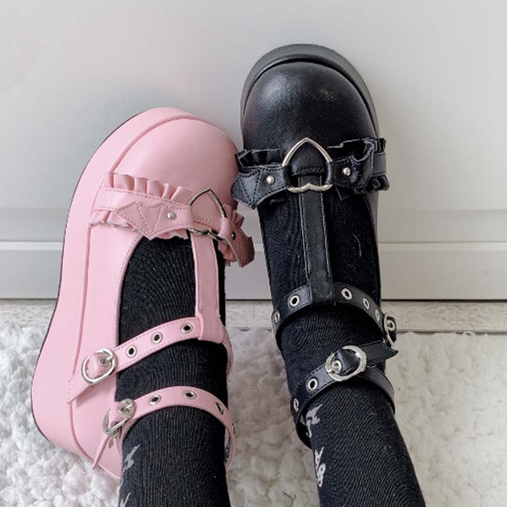 Batwing Heart Buckle Detail Platform Pumps