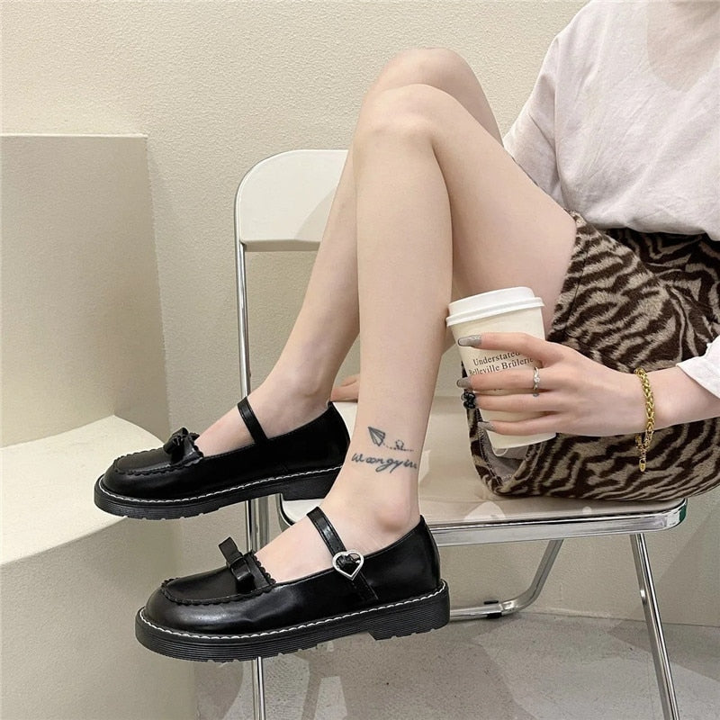 Cute Bow Detail Heart Buckle Platform Mary Janes