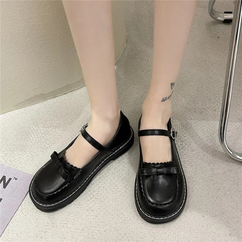 Cute Bow Detail Heart Buckle Platform Mary Janes