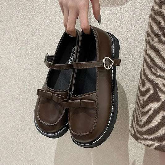 Cute Bow Detail Heart Buckle Platform Mary Janes
