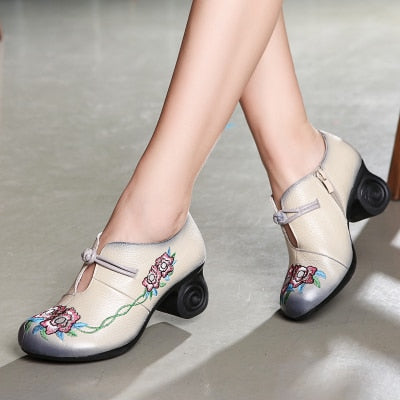 Retro Embroidered Spiral Block Heel Pumps