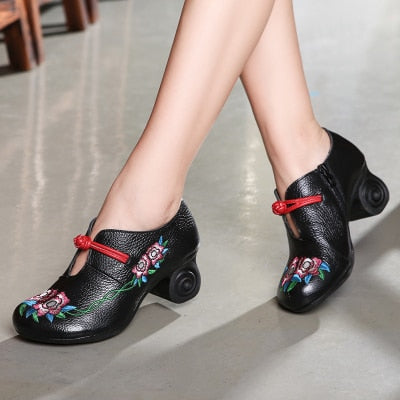 Retro Embroidered Spiral Block Heel Pumps