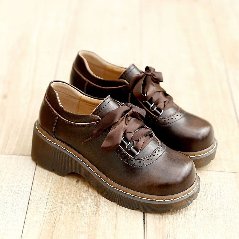 Chunky Vintage Style Ribbon Lace Up Platform Oxfords