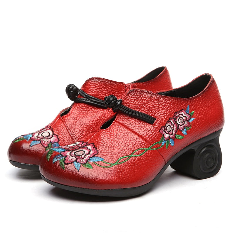 Retro Embroidered Spiral Block Heel Pumps