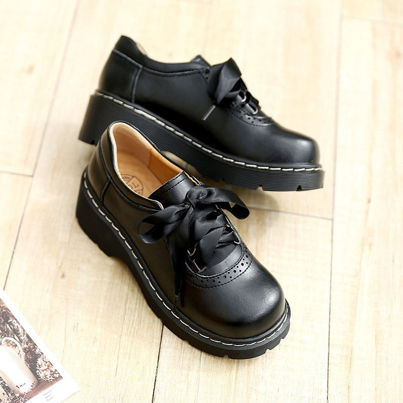 Chunky Vintage Style Ribbon Lace Up Platform Oxfords