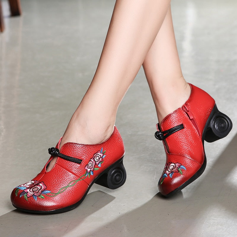 Retro Embroidered Spiral Block Heel Pumps