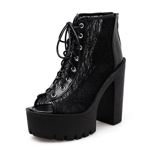 Lace Mesh Peep Toe Platform Ankle Boots