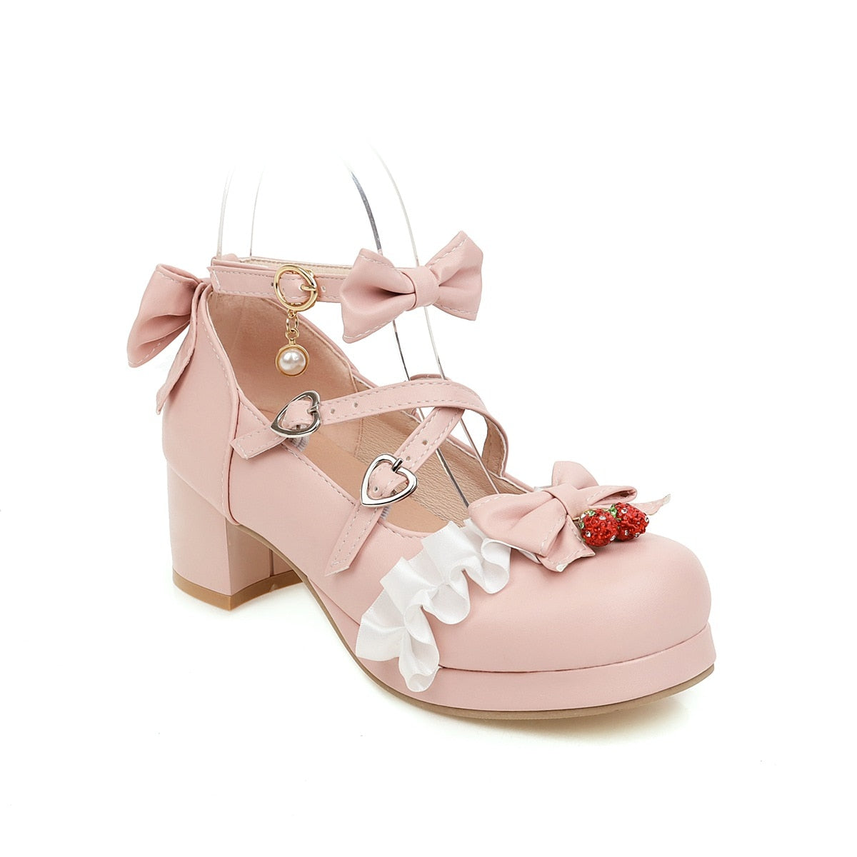 Kawaii Strawberry Frill Buckled Platform Pumps