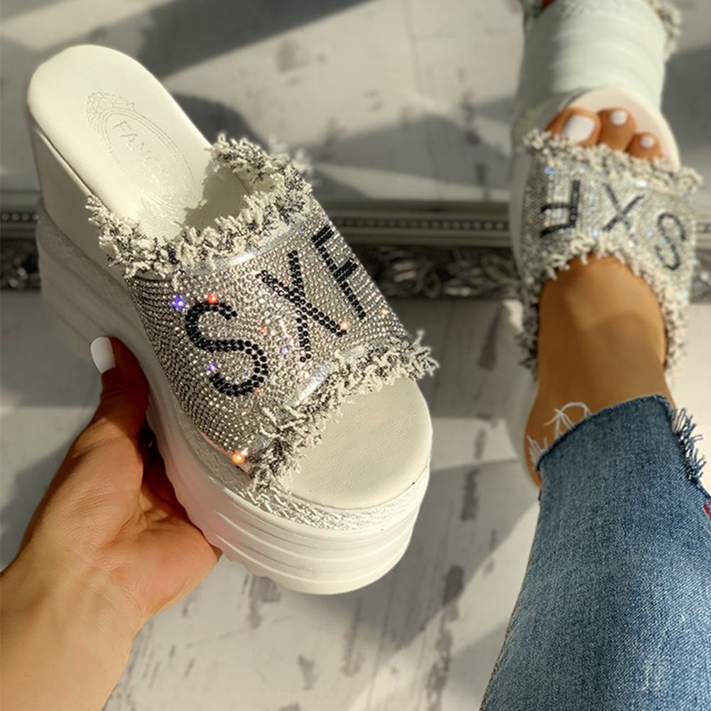 Chunky Platform Frayed Diamante Detail Wedge Sandals