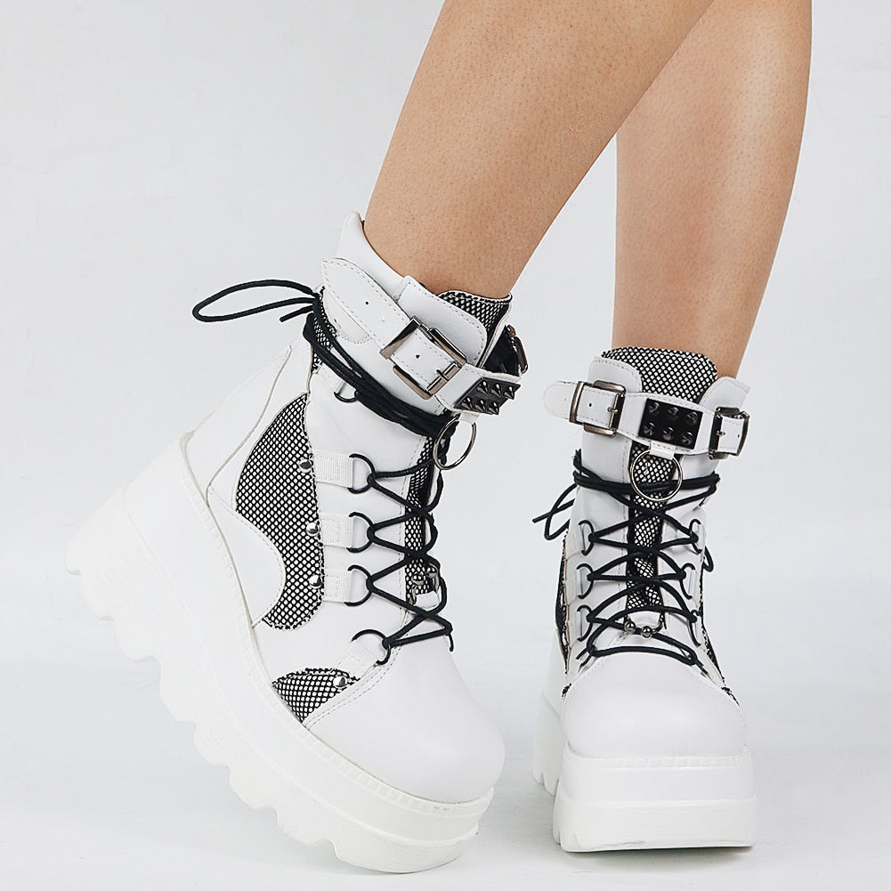 Chunky Lace Up Buckle Detail Platform Boots With Mesh Panels