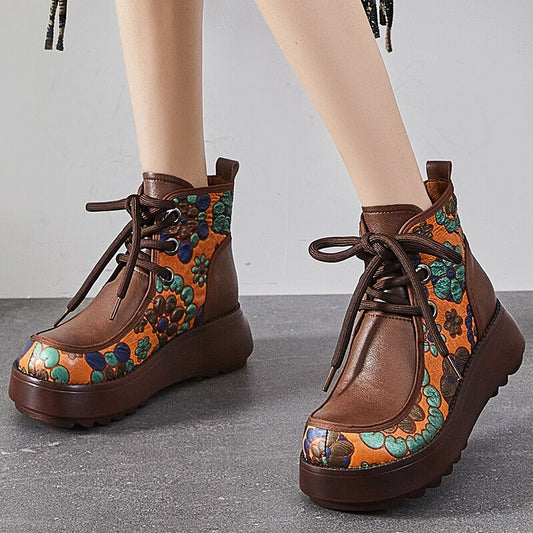 Retro 70s Flower Detail Platform Ankle Boots