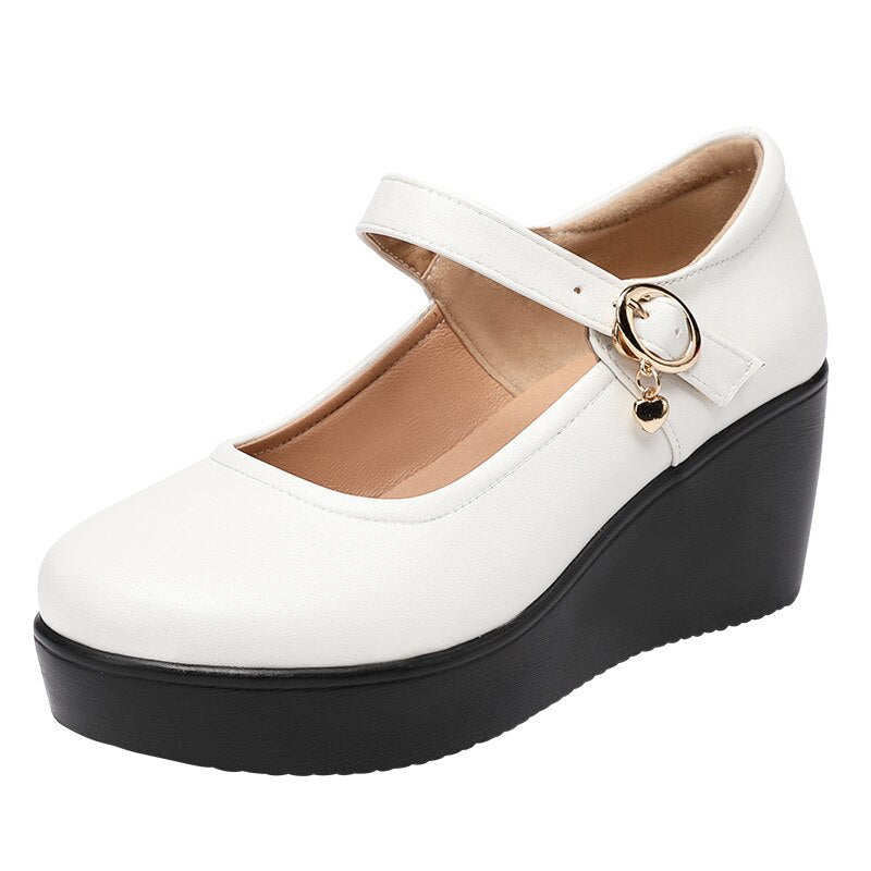 Retro Charm Buckle Platform Heel Wedges