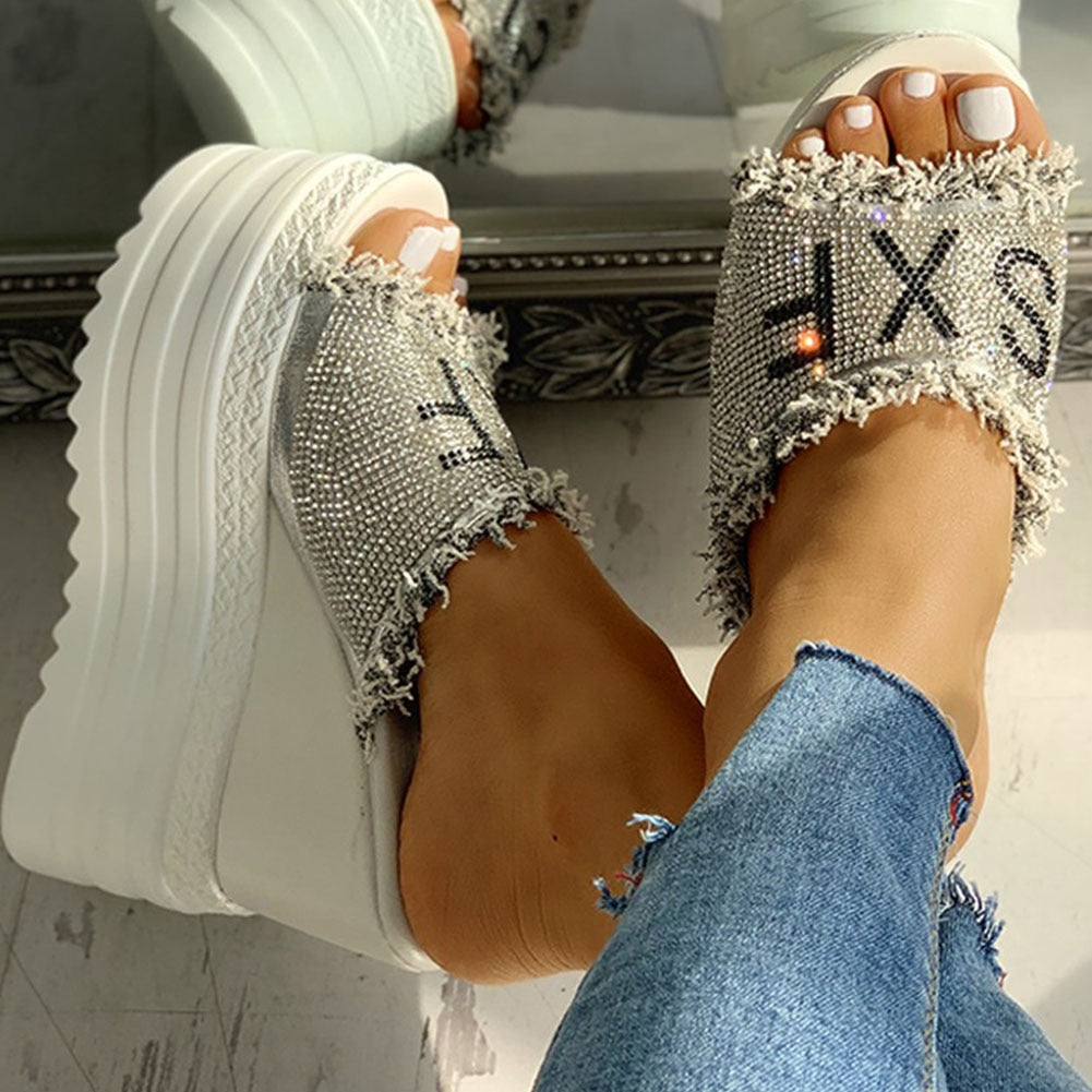Chunky Platform Frayed Diamante Detail Wedge Sandals