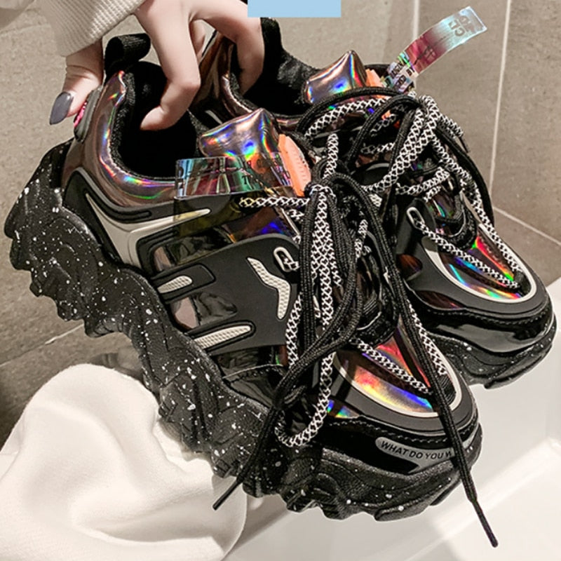 Holographic Chrome Chunky Platform Trainers
