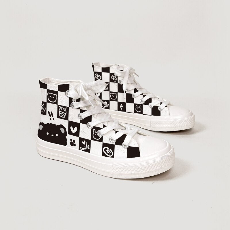 Kawaii Checkered Canvas High Top Sneakers