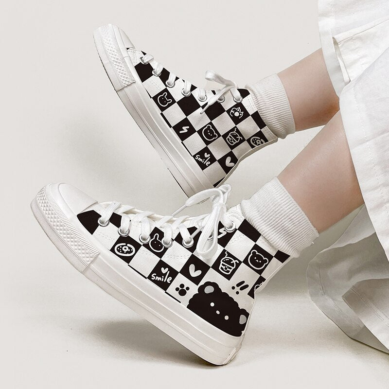 Kawaii Checkered Canvas High Top Sneakers