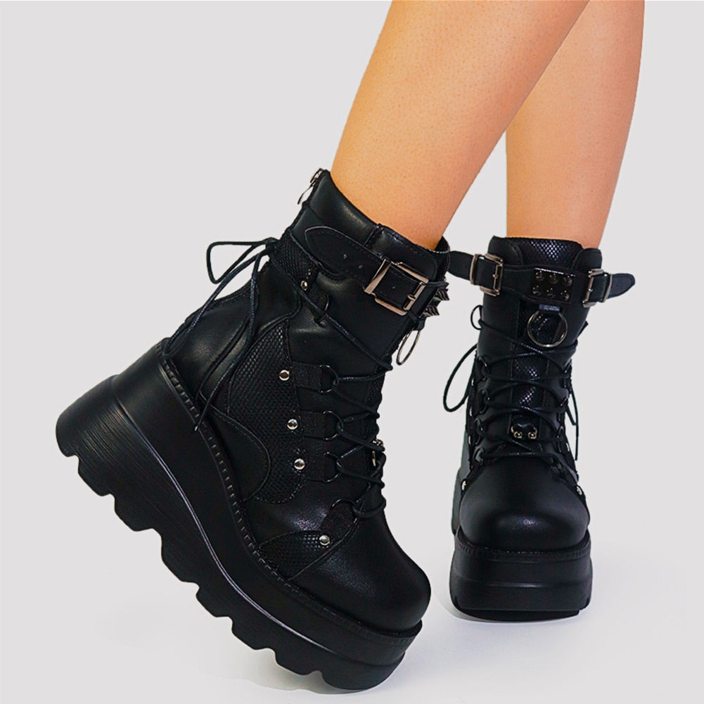Chunky Lace Up Buckle Detail Platform Boots With Mesh Panels