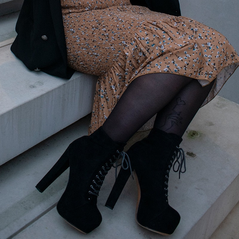 Super Tall Chunky Platform Lace Up Heels