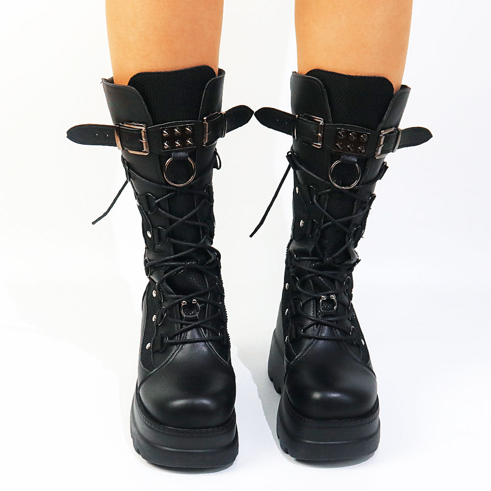 Chunky Lace Up Buckle Detail Platform Boots With Mesh Panels