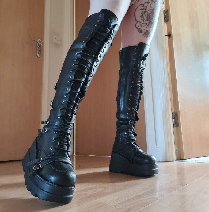 Knee High Lace Up Buckle Detail Leather Platform Boots