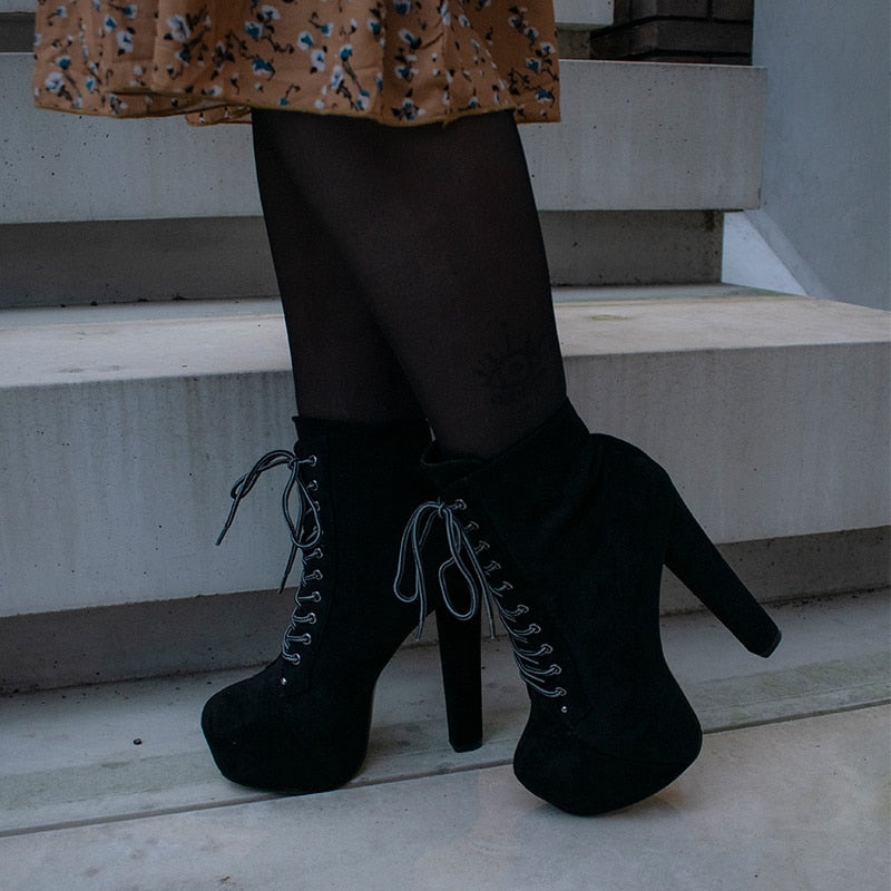 Super Tall Chunky Platform Lace Up Heels