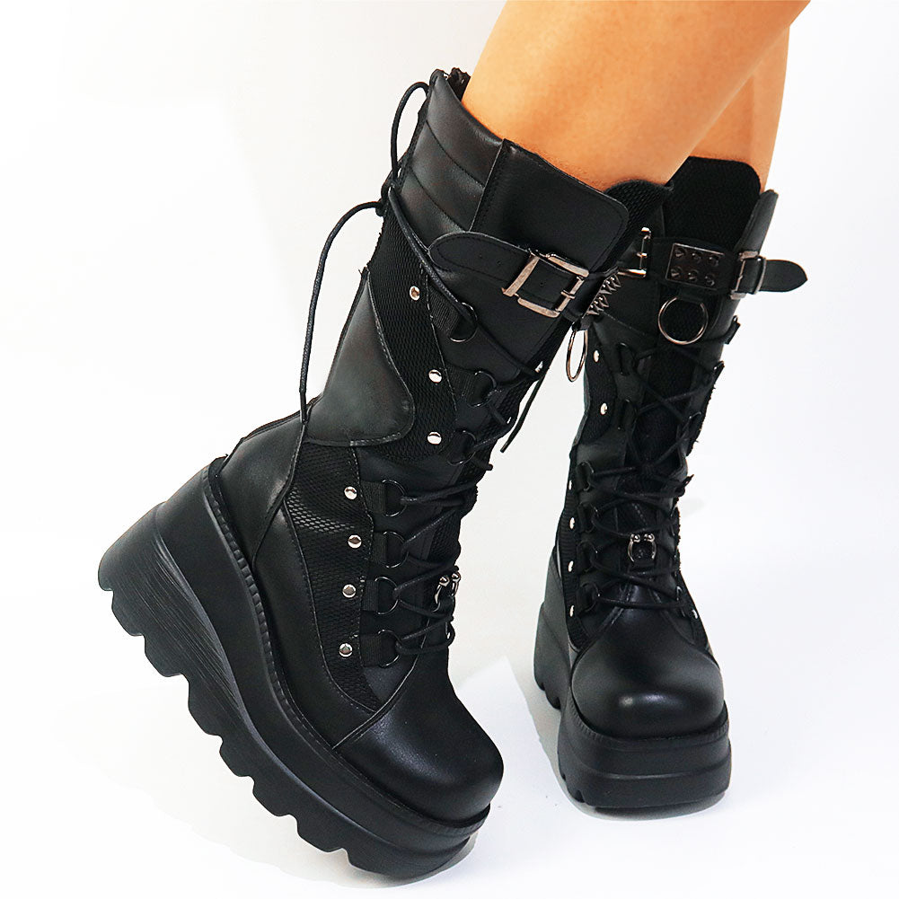 Chunky Lace Up Buckle Detail Platform Boots With Mesh Panels