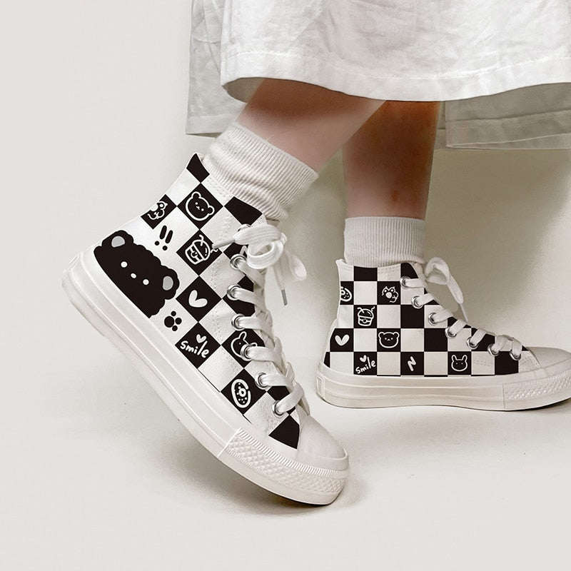 Kawaii Checkered Canvas High Top Sneakers