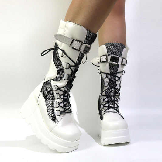Chunky Lace Up Buckle Detail Platform Boots With Mesh Panels
