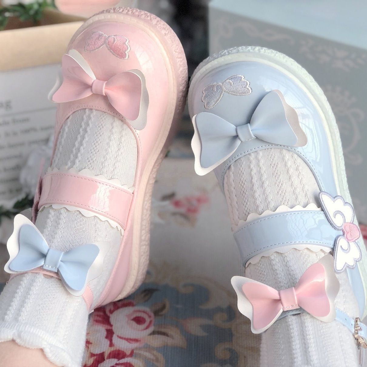 Kawaii Wing Detail Embroidered Mary Jane Pumps