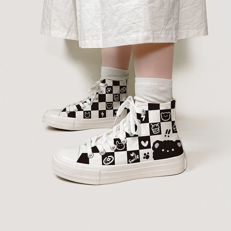 Kawaii Checkered Canvas High Top Sneakers